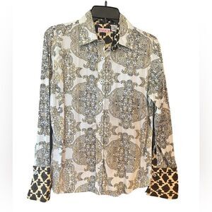 Tizzie Sz S Beige Brown Paisley Animal Print Flip Cuff Button Down Collar Shirt